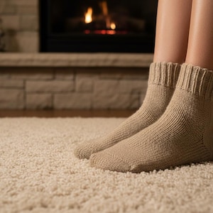 May include: A pair of beige knitted socks with ribbed cuffs. The socks are worn indoors, resting on a cream-coloured carpet. A fireplace with a burning fire is visible in the background.
