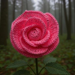 May include: A handcrafted, pink crochet rose with detailed petal work. The flower is on a green stem with leaves, set against a blurred forest backdrop. This unique floral art piece is a charming decorative item.