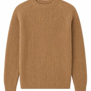 Puede incluir: Un suéter de manga larga color canela con un patrón de tejido acanalado vertical, cuello redondo y mangas raglán. La prenda está confeccionada con cuello, puños y dobladillo acanalados, lo que proporciona una textura uniforme en toda la pieza.