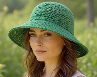 Raffia Crochet Bucket Hat Summer Sun Hat Beachy Style
