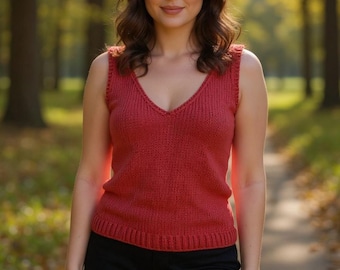 May include: A red sleeveless knit top with a V-neck. The top is paired with a black skirt. The image is taken outdoors with a blurred background of trees and a path.