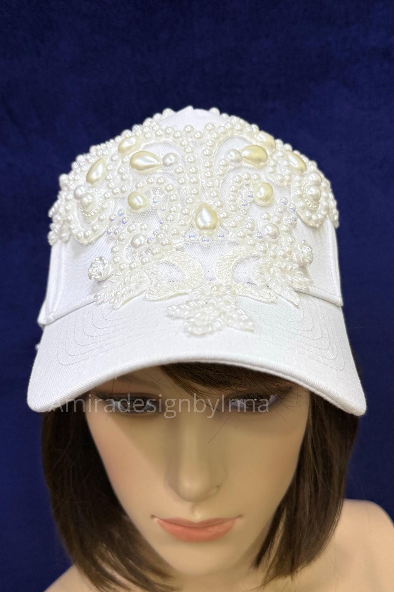 White Crystal & Pearl \'Mom\' Embellished Baseball Cap with Afro Puff Baseball Cap With Pearls - Etsy main image 4