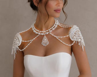 Pearl and Rhinestone Bridal Shoulder Necklace, Adjustable Wedding Body Jewelry