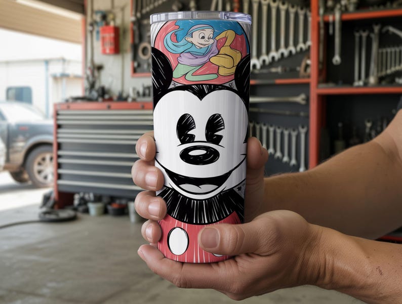 May include: A stainless steel tumbler featuring a black and white Mickey Mouse face design. The tumbler also has a colorful illustration of a cartoon character. The tumbler is held in a person's hands.