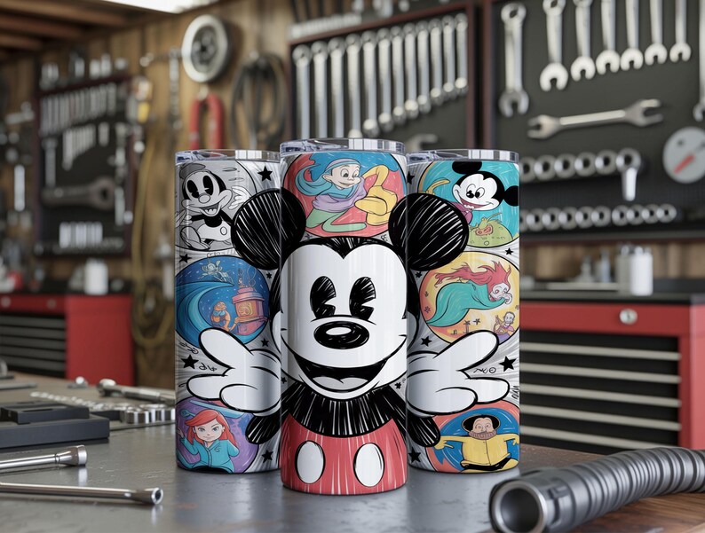 May include: Three stainless steel tumblers featuring Mickey Mouse and various Disney character illustrations. The tumblers have a black and white Mickey Mouse design in the center, with colorful panels of Disney scenes around the sides.