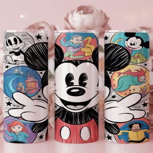 May include: Three stainless steel tumblers featuring Mickey Mouse and various Disney characters. Each tumbler has a different design, with colorful illustrations set against a white background. The tumblers are decorated with classic cartoon imagery.