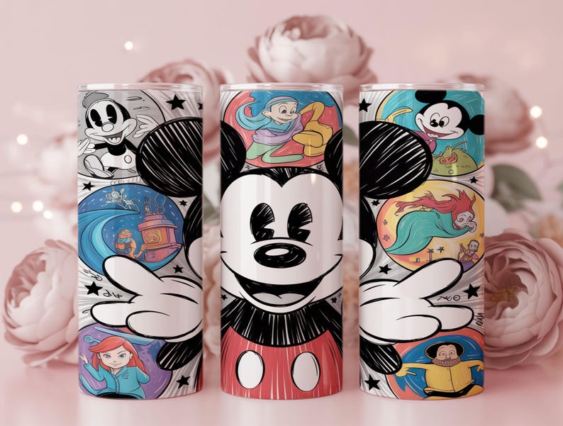 May include: Three stainless steel tumblers featuring Mickey Mouse and various Disney characters. Each tumbler has a different design, with colorful illustrations set against a white background. The tumblers are decorated with classic cartoon imagery.