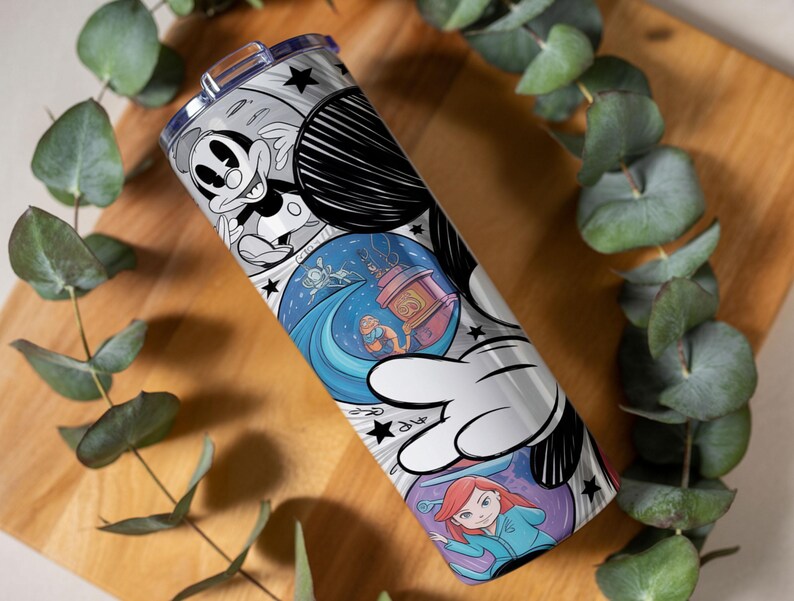 May include: A stainless steel tumbler featuring a black and white Mickey Mouse design, with colorful illustrations of Disney characters. The tumbler has a silver lid and a black and white cartoon design.