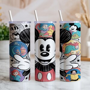 May include: Three stainless steel tumblers with Disney character designs. Each tumbler features a different design, including Mickey Mouse, cartoon scenes, and a white straw. The tumblers are decorated with colorful illustrations and black and white accents.