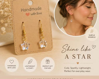 Glänzende Sternohrringe | Klare Kristall Stern baumeln Ohrringe | Fairycore Accessoires | Handgemachtes Geschenk für Sie Leichte Ea
