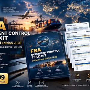 May include: The FBA Document Control Field Kit Professional Edition 2026 is a 21-page system for sellers. It includes a manual and printed forms for shipment setup, commercial invoices, packing lists, product SKU tracking, and unit product labels.