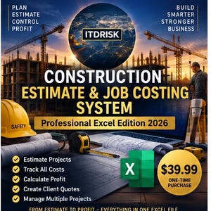 Peut inclure: Une publicité pour le produit numérique ITDRISK Construction Estimate & Job Costing System Professional Excel Edition 2026. L'image présente un chantier de construction, un casque de sécurité jaune, un mètre ruban et des icônes de logiciel Excel.