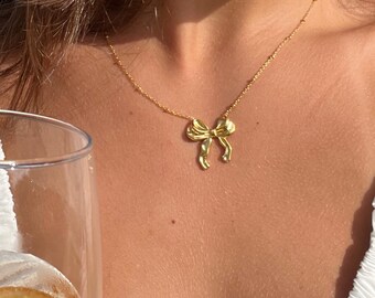 18k Gold Plated Bow Necklace, Stainless Steel, Hypoallergenic