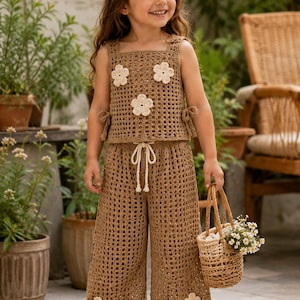 Puede incluir: Conjunto de crochet para niña, con top y pantalón de pernera ancha en color marrón, adornado con aplicaciones de flores color crema. El conjunto incluye un accesorio para el pelo a juego y una pequeña cesta de mimbre llena de flores.