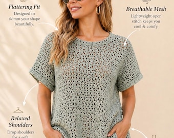 Crochet Mesh Summer Top Pattern, Breeze Mesh Tee, Lightweight Shirt PDF, Beginner Friendly, Split Hem, Sizes S-XL