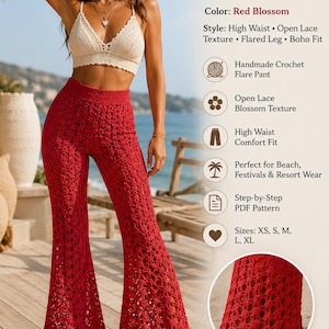 Puede incluir: Pantalones acampanados de ganchillo rojos con una textura de encaje abierto y cintura alta. La imagen también muestra un top de ganchillo color crema. El texto de la imagen dice "CROCHET FLARE PANT PDF PATTERN" y "Boho Handmade Style You'll Love!"