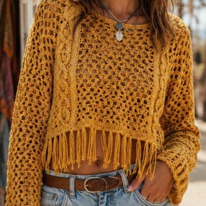 Boho Crochet Sweater Pattern PDF, Open Mesh Fringe Top, Festival Crochet Pullover, Long Sleeve Bohemian Top XS - L