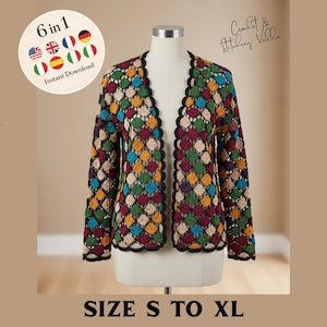 May include: A colorful, open-front crochet cardigan displayed on a mannequin. The jacket features a geometric pattern in various colors, including green, yellow, blue, and burgundy, with black trim. The text "6 in 1 Instant Download" is visible, along with "SIZE S TO XL".