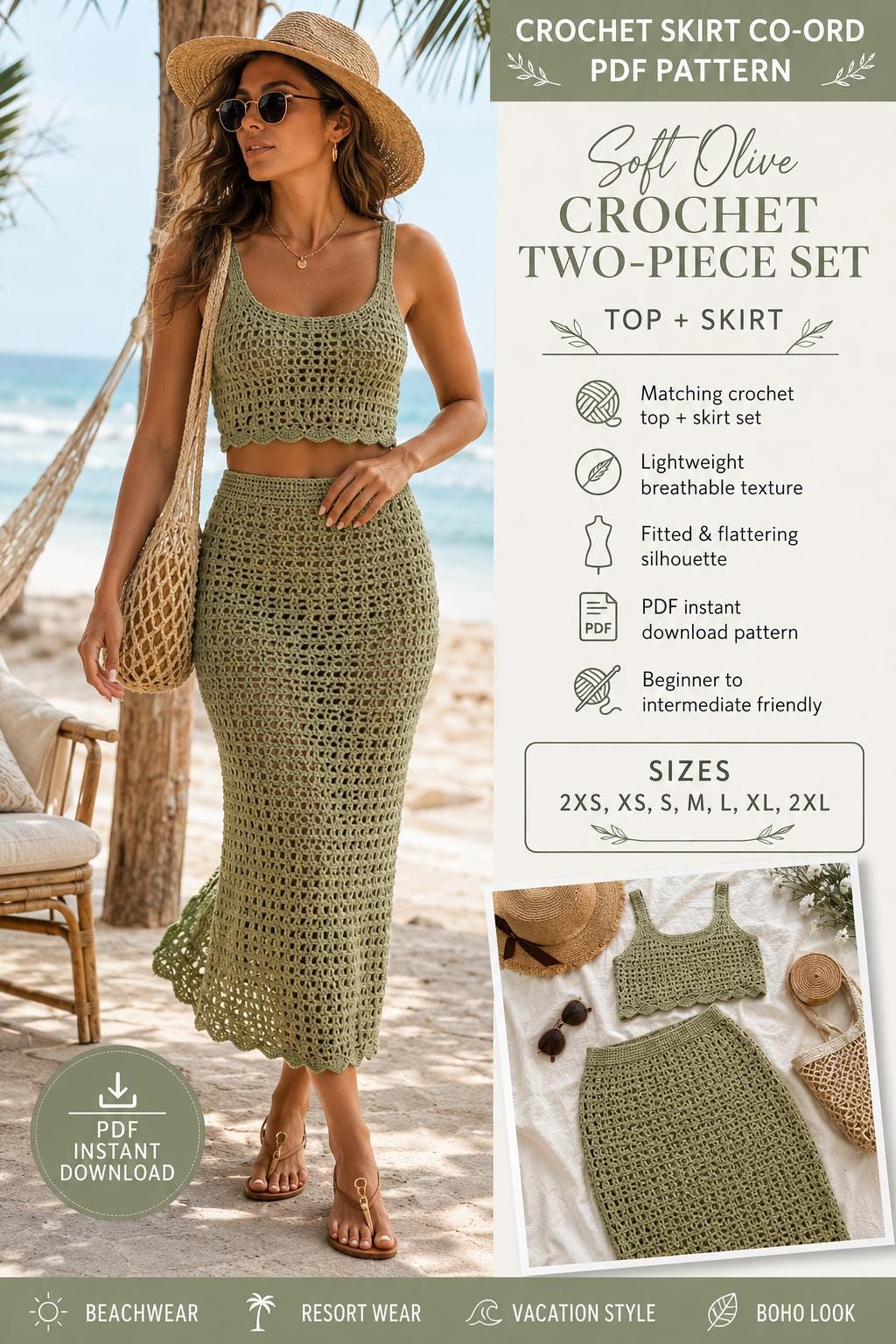 Crochet Skirt Co-ord PDF Pattern, Olive Green Mesh Top & Midi Skirt Set ...
