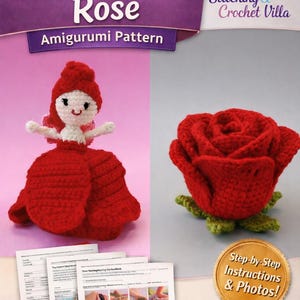 Op de afbeelding: Een digitale PDF-patroon voor een 2-in-1 omkeerbare rozen amigurumi. De afbeelding toont een gehaakte rode roos en een pop in een rode jurk. Het patroon bevat stapsgewijze instructies en foto's. De tekst op de afbeelding luidt "2-in-1 Reversible Rose Amigurumi Pattern".
