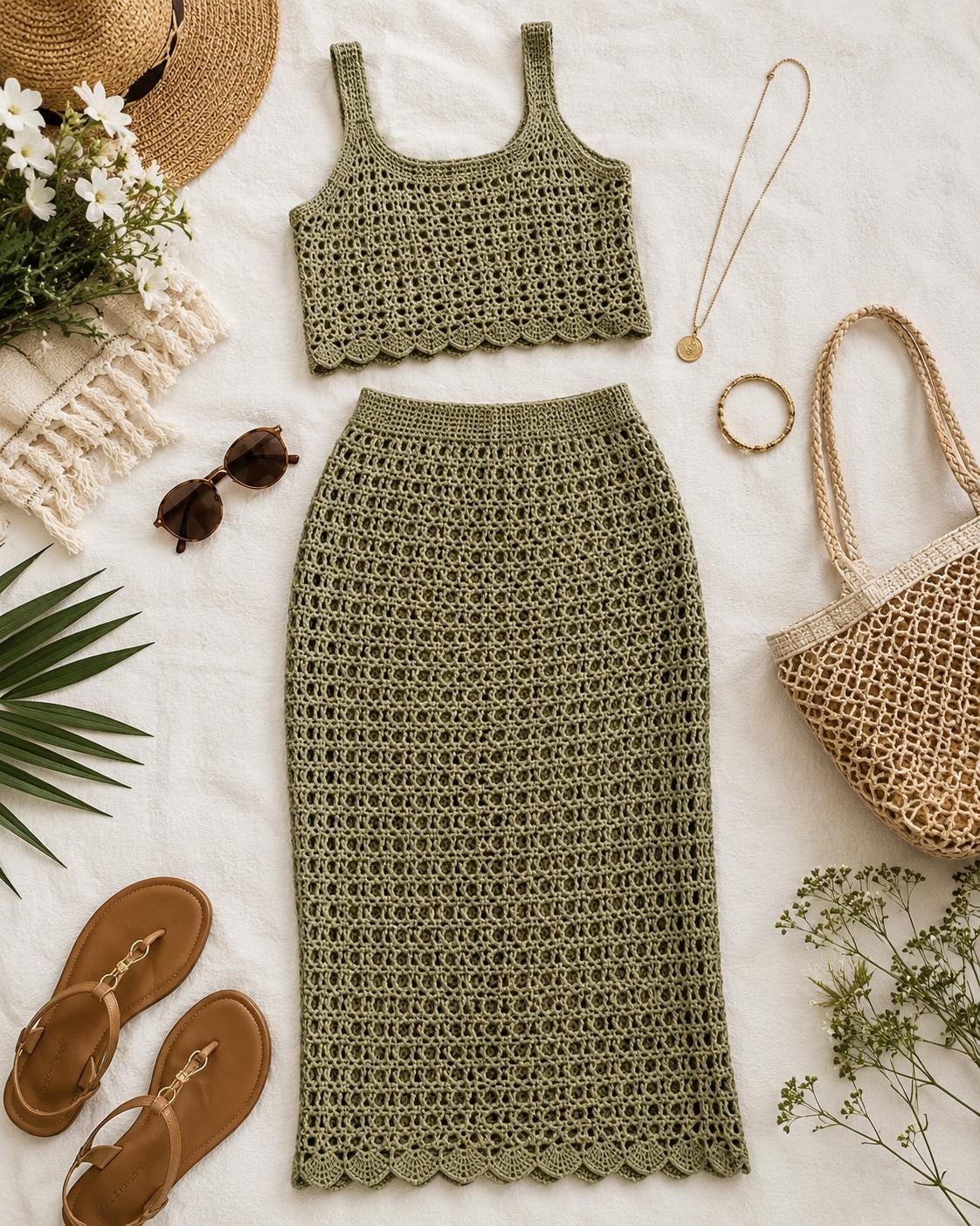 Crochet Skirt Co-ord PDF Pattern, Olive Green Mesh Top & Midi Skirt Set ...