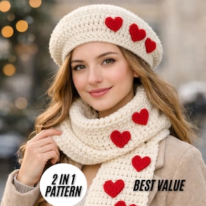 May include: Cream-colored crochet beret and scarf set adorned with red heart appliqués. The scarf is wrapped around the neck. The text "2 IN 1 PATTERN" and "BEST VALUE" are visible in the image.