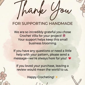 Thank you card and crochet PDF pattern branding image, instant download crochet jumper pattern for Etsy and online craft shops