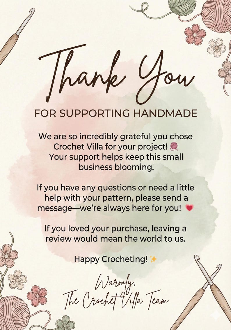 Thank you card and crochet PDF pattern branding image, instant download crochet jumper pattern for Etsy and online craft shops