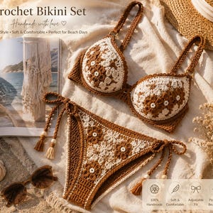 May include: A brown and white crochet bikini set. The top and bottom feature a floral pattern. The image includes the text "Crochet Bikini Set" and "Handmade with love". The set is displayed with sunglasses, a straw hat, and a seashell.