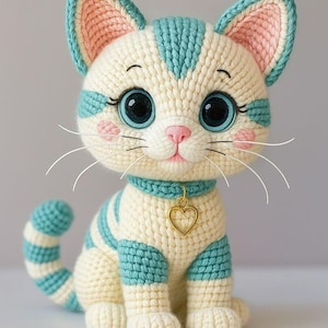 以下が含まれることがあります： クリーム色のボディとターコイズのストライプが特徴の手作りの編みぐるみ猫。 大きな青い瞳、耳と頬のピンクのアクセント、ピンクの鼻が特徴です。 金色のハートのチャームが付いたターコイズの首輪をしています。 愛らしい、気まぐれな猫の人形です。
