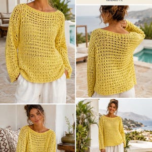 Citron crochet jumper outfit collage, oversized open stitch crochet sweater pattern PDF with beach resort fashion styling