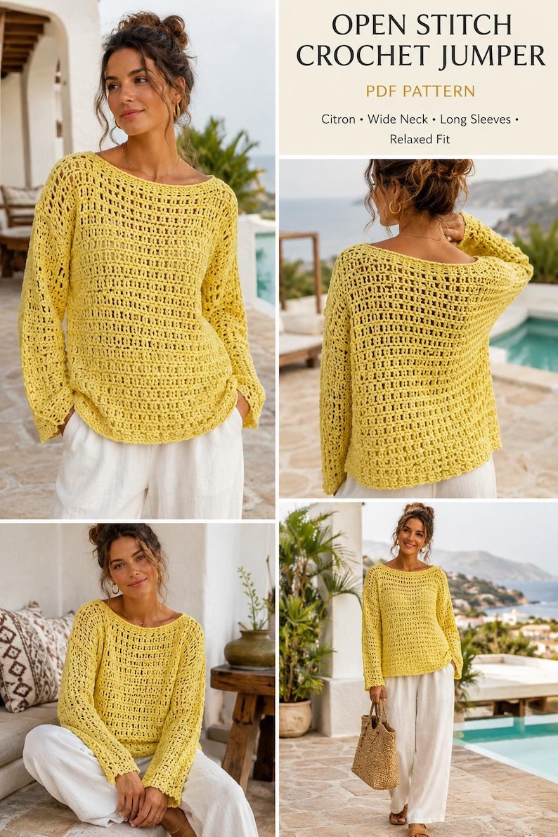 Citron crochet jumper outfit collage, oversized open stitch crochet sweater pattern PDF with beach resort fashion styling