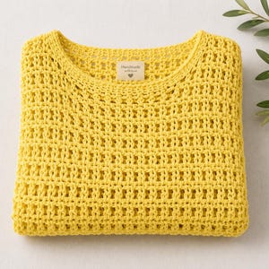 Open stitch crochet sweater flat lay styling, citron yellow crochet pullover with woven bag and neutral summer accessories