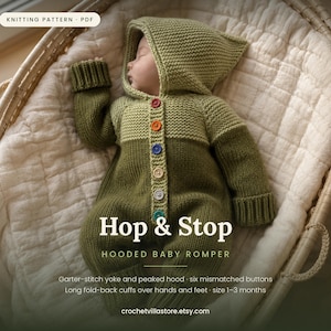 May include: A knitted hooded baby romper in olive and sage green featuring a garter-stitch yoke, a peaked hood, and six mismatched colorful buttons. The garment includes long fold-back cuffs over the hands and feet. Text reads: KNITTING PATTERN - PDF, Hop & Stop, HOODED BABY ROMPER, Garter-stitch yoke and peaked hood, six mismatched buttons, Long fold-back cuffs over hands and feet, size 1-3 months, crochetvillastore.etsy.com.
