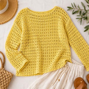 Back view citron crochet jumper, oversized open stitch sweater with relaxed fit and long sleeves resortwear fashion look