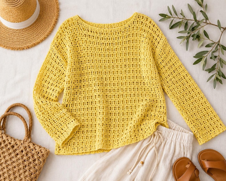 Back view citron crochet jumper, oversized open stitch sweater with relaxed fit and long sleeves resortwear fashion look