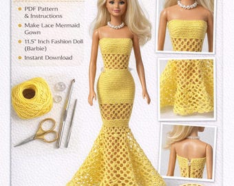 Crochet Mermaid Doll Dress Pattern, Lace Gown Tutorial (PDF Download)