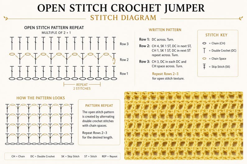 Crochet jumper schematic diagram PDF pattern, open stitch sweater measurements, construction layout and sizing guide XS XL