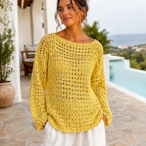 Handmade crochet jumper PDF pattern, lightweight mesh pullover in citron yellow with breathable open stitch texture