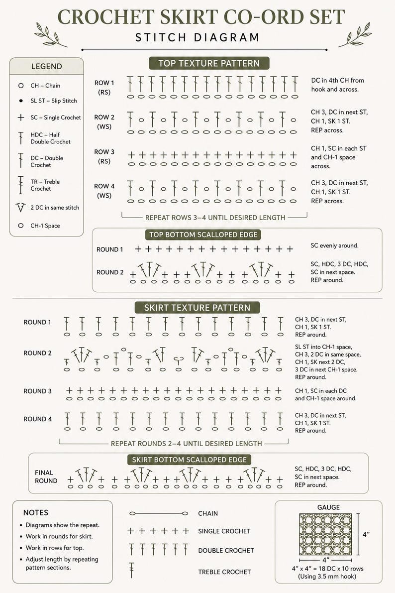 Crochet Skirt Co-ord PDF Pattern, Olive Green Mesh Top & Midi Skirt Set ...