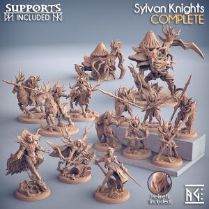 May include: A collection of detailed, beige-colored miniature figures, including knights and fantastical creatures. The figures are posed in various action stances, with weapons and armor. Text reads "Supports Included" and "Sylvan Knights COMPLETE".
