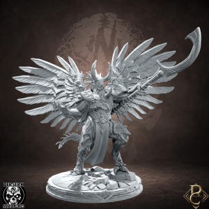 May include: A grey resin miniature figure of a winged demon warrior standing on a rocky base. The figure features large feathered wings, curved horns, and a muscular build, holding a long, curved polearm weapon in one hand. The base is circular.