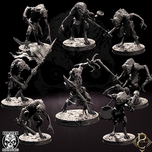 May include: A selection of grayscale miniature figures depicting various monstrous creatures. The figures are intricately detailed and posed in dynamic stances, some with weapons. Each figure stands on a circular base. The image includes the "BERSERK MINIATURES" logo.
