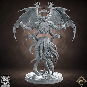 May include: A grey resin miniature figure of a winged demon with four arms and a tentacled lower body. The creature features a horned head, a circular halo, and expansive, tattered wings. It stands on a circular, cracked stone-textured base.