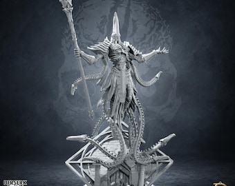 May include: A grey resin miniature figure of a skeletal entity with a pointed head, wearing ornate armor and robes. The figure holds a tall staff with a crystal tip and is surrounded by long, segmented tentacles emerging from a stone base.