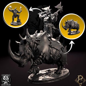 May include: A detailed grayscale miniature of a warrior riding a rhinoceros, with additional inset images of the warrior and rhino. The rhino is armored, and the warrior wields a large axe. The miniature is on a decorative base.