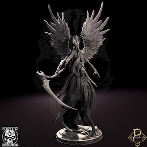 May include: A detailed, dark gray miniature figure of a winged, skeletal being with a crown, holding a scythe. The figure has flowing robes and is standing on a decorative base. The Berserk Miniatures logo is in the lower left corner.