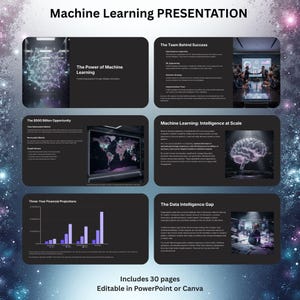 May include: A presentation template titled "Machine Learning PRESENTATION" with multiple slides. The slides cover topics like "The Power of Machine Learning", "The Team Behind Success", and "The $500 Billion Opportunity". The template includes 30 pages and is editable in PowerPoint or Canva.