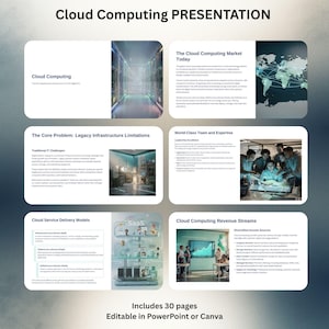May include: A presentation titled "Cloud Computing PRESENTATION" with several slides. The slides cover cloud computing, market trends, IT challenges, service models, revenue streams, and team expertise. The presentation includes 30 pages and is editable in PowerPoint or Canva.