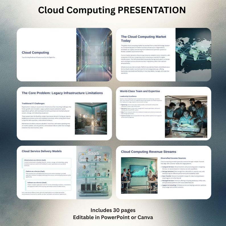 May include: A presentation titled "Cloud Computing PRESENTATION" with several slides. The slides cover cloud computing, market trends, IT challenges, service models, revenue streams, and team expertise. The presentation includes 30 pages and is editable in PowerPoint or Canva.